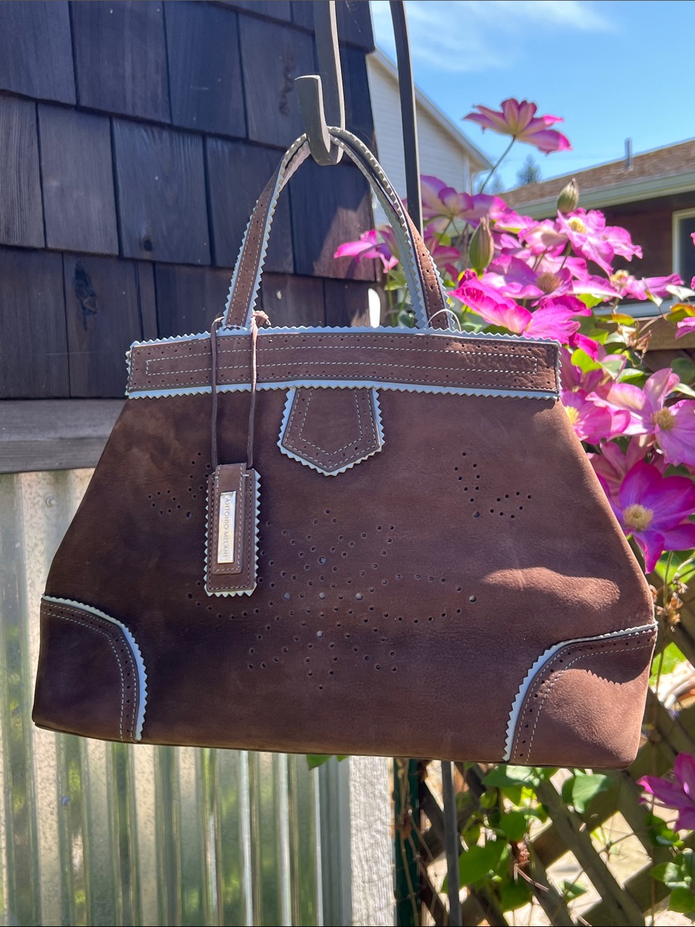 ANTONIO MELANI Brown Suede Satchel with Cream Trim